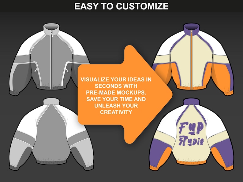 Editable streetwear jacket mockups by FUPstudio, showing color variations and easy customization for tech pack template creation and Procreate mockups