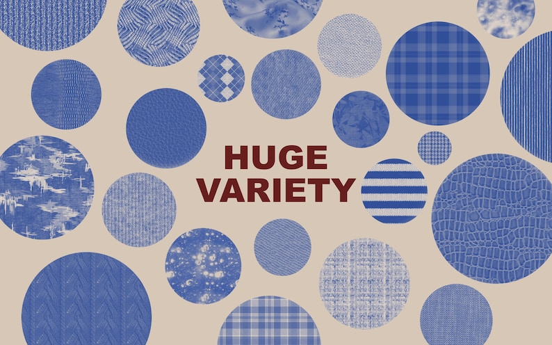 Large variety of blue fabric, denim, knit and patterned texture brushes for Procreate, designed for fashion illustration and digital garment design.