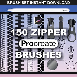 Pode incluir: Ilustração de arte digital de um tablet exibindo um conjunto de 150 pincéis de zíper para Procreate. A imagem apresenta vários designs de zíper e o texto "BRUSH SET INSTANT DOWNLOAD". Uma caneta stylus repousa sobre o tablet.