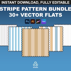 Puede incluir: Un paquete de más de 30 patrones de rayas vectoriales en varios colores, incluidos blanco, azul y marrón. Los patrones están diseñados para su uso en Adobe Photoshop, Illustrator y Canva. El texto "INSTANT DOWNLOAD, FULLY EDITABLE" y "STRIPE PATTERN BUNDLE 30+ VECTOR FLATS" se muestra en la parte superior de la imagen.