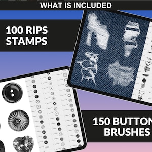 Procreate Buttons Stamps and Ripped Fabric Stamps for fashion design and denim illustration by FUPstudio