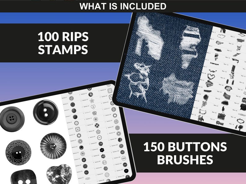 Procreate Buttons Stamps and Ripped Fabric Stamps for fashion design and denim illustration by FUPstudio