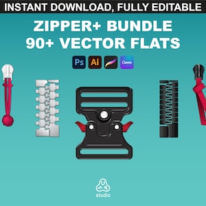 May include: A set of 90+ vector flat illustrations of zippers, including a zipper pull, a zipper slider, and a zipper tape. The illustrations are available in Adobe Photoshop, Adobe Illustrator, and Canva.
