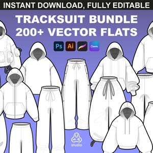 200 Tracksuit Mockups & Fashion Vector Bundle Pack - Fashion Design Tech Pack Template - Procreate PNG Mockup and Fashion Vector Flats