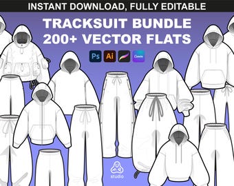 200 Tracksuit Mockups & Fashion Vector Bundle Pack - Fashion Design Tech Pack Template - Procreate PNG Mockup and Fashion Vector Flats