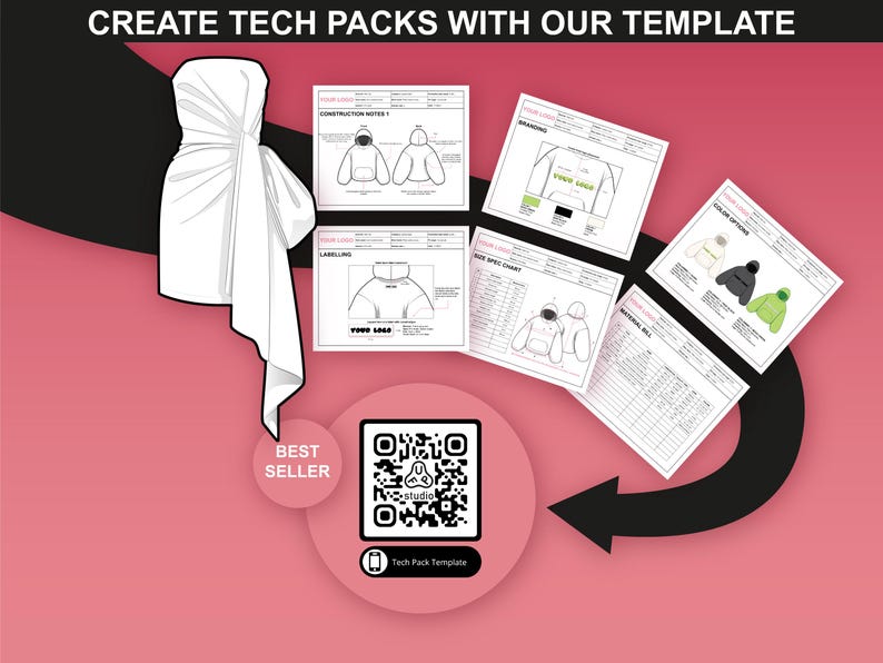 Example of a professional tech pack created with FUPstudio's templates, highlighting detailed dress mockup designs.