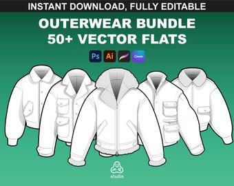 Lot de maquettes de vêtements d'extérieur : maquettes streetwear pour la création de mode, modèles vectoriels de vestes plates pour les modèles de packs techniques dans Procreate et Canva