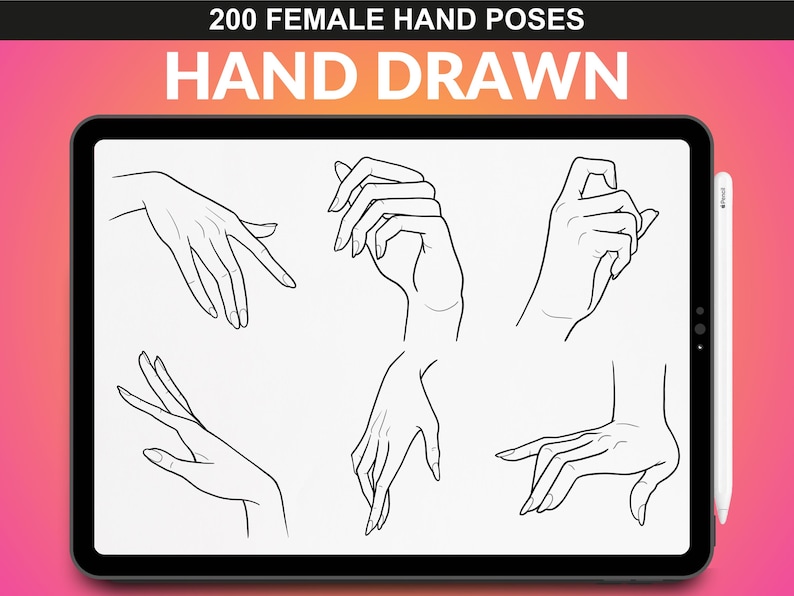 Hand-drawn illustrations of female hand poses from FUPstudio's bundle. Perfect for illustration and character design in Procreate.
