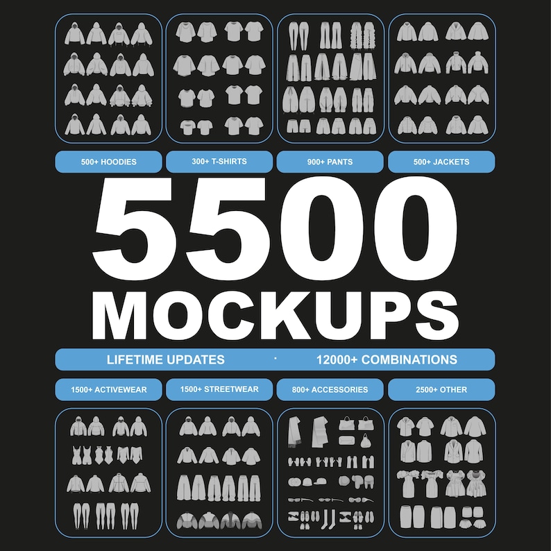 FUPstudio streetwear mockups bundle cover featuring 550 clothing mockups for fashion design, tech packs, and Procreate.