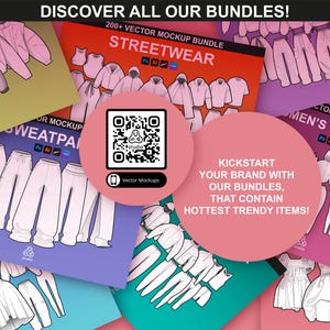 Overview of various FUPstudio vector mockup bundles, including streetwear, activewear, and dress mockups, ideal for fashion design.