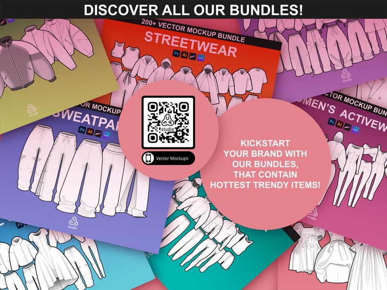 Overview of various FUPstudio vector mockup bundles, including streetwear, activewear, and dress mockups, ideal for fashion design.