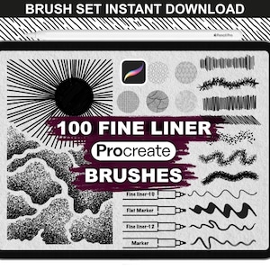 Può includere: Un set di arte digitale visualizzato su un tablet, con 100 pennelli Procreate a tratto fine. L'immagine include vari stili di pennelli, come tratti fini, pennarelli piatti e pennarelli, con il testo "BRUSH SET INSTANT DOWNLOAD" in alto.