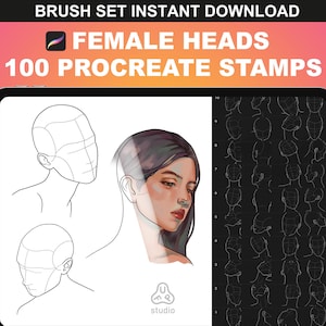 100 sellos de cabeza Procreate / Cabezas y formas de rostros femeninos para arte digital