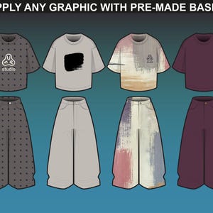 Editable streetwear mockups for Adobe Illustrator and Procreate, showcasing t-shirts, pants, and customizable templates for clothing brands by FUPstudio.