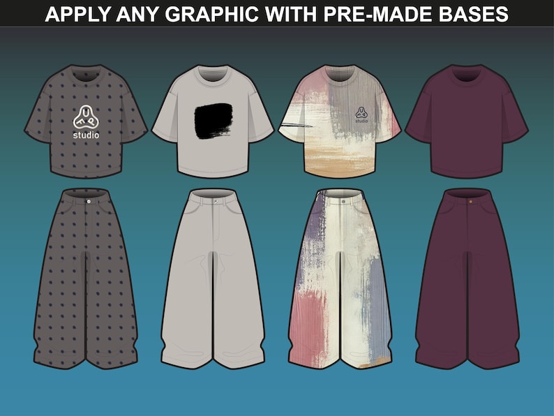 Editable streetwear mockups for Adobe Illustrator and Procreate, showcasing t-shirts, pants, and customizable templates for clothing brands by FUPstudio.