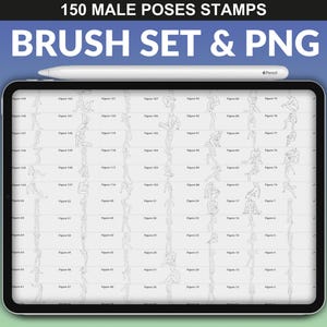 Procreate brush set displaying 150 male poses. The iPad screen shows detailed male body pose stamps, perfect for fashion illustration and design.