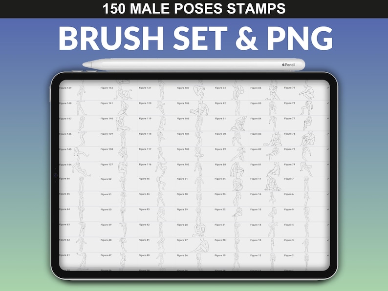 Procreate brush set displaying 150 male poses. The iPad screen shows detailed male body pose stamps, perfect for fashion illustration and design.