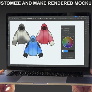 FUPstudio streetwear mockups shown on laptop screen, perfect for clothing mockups, tech pack templates, and design presentations.