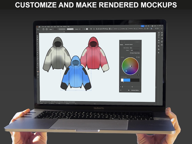 FUPstudio streetwear mockups shown on laptop screen, perfect for clothing mockups, tech pack templates, and design presentations.