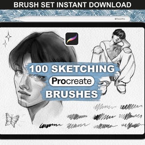 May include: Digital art brush set for Procreate. The image shows a tablet with a drawing of a person, a butterfly, and the text "100 Sketching Procreate Brushes". The top of the image has the text "BRUSH SET INSTANT DOWNLOAD".