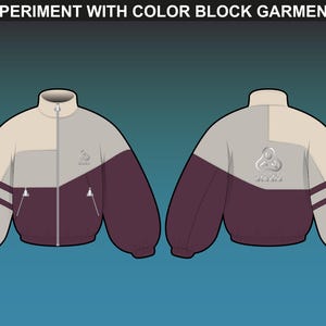 Color block jacket mockups from FUPstudio streetwear bundle, fully editable in Procreate and Illustrator for branding and design.