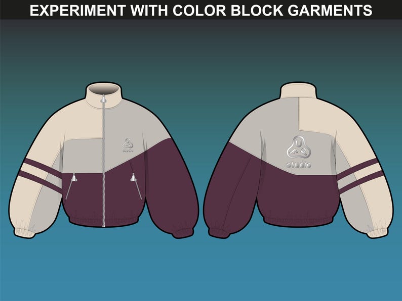Color block jacket mockups from FUPstudio streetwear bundle, fully editable in Procreate and Illustrator for branding and design.