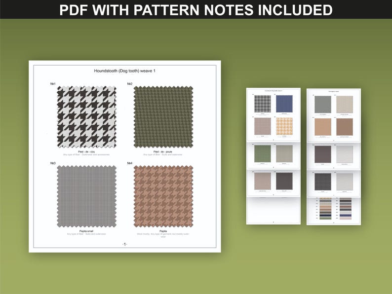 PDF guide image displaying houndstooth, chevron, and plaid twill pattern notes.