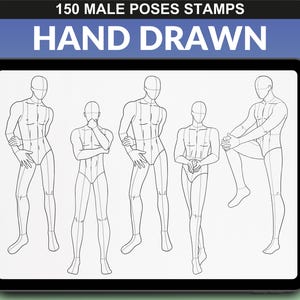 Procreate brush set featuring 150 male poses. The iPad screen highlights mannequin figures in different standing positions, perfect for fashion design.