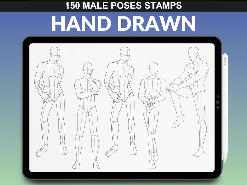 Procreate brush set featuring 150 male poses. The iPad screen highlights mannequin figures in different standing positions, perfect for fashion design.
