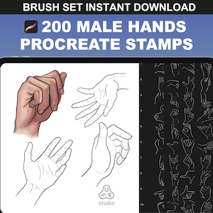 200 Procreate hand stamps. Male Procreate hand brushes for body poses & Procreate pose reference for anime drawing and illustration.