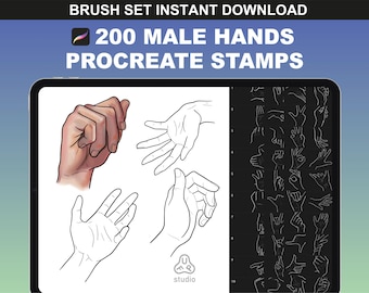 200 Procreate hand stamps. Male Procreate hand brushes for body poses & Procreate pose reference for anime drawing and illustration.