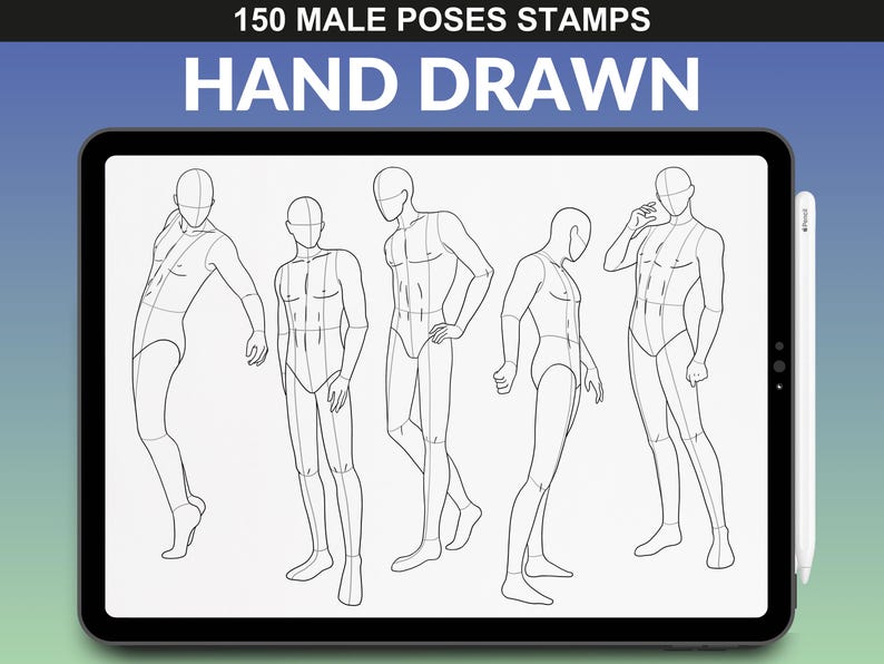 iPad displaying 150 male poses brush set for Procreate by fupstudio. Mannequin figures in standing poses, useful for fashion design and drawing.