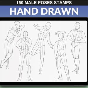 iPad screen showing 150 male poses brush set for Procreate. Various dynamic mannequin poses, perfect for fashion design and anatomy studies.