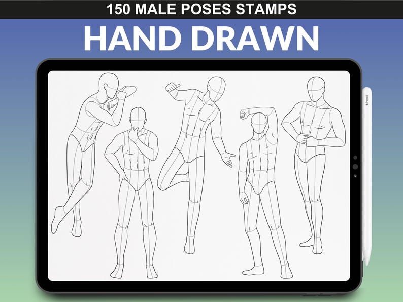 iPad screen showing 150 male poses brush set for Procreate. Various dynamic mannequin poses, perfect for fashion design and anatomy studies.