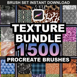 Puede incluir: Imagen promocional de un producto de arte digital. Muestra varias texturas y el texto "TEXTURE BUNDLE 1500 PROCREATE BRUSHES". El texto superior dice "BRUSH SET INSTANT DOWNLOAD". Un icono de la aplicación Procreate está en el centro.