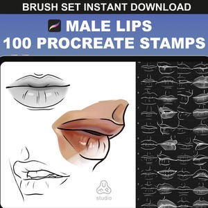 Op de afbeelding: Een digitale illustratie van mannelijke lippen in verschillende stijlen. De afbeelding toont een voorvertoning van 100 Procreate-stempels voor digitale kunst. De tekst "MALE LIPS" en "100 PROCREATE STAMPS" wordt weergegeven in de afbeelding.