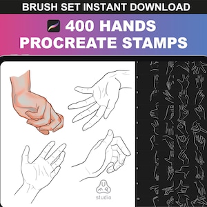 400 Procreate hand stamps. Procreate hand brushes for body poses & Procreate pose reference for anime drawing and illustration.