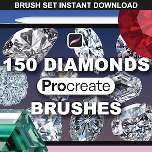 May include: Digital art graphic featuring a tablet with the text "150 DIAMONDS Procreate BRUSHES". The image showcases various diamond illustrations and a red gemstone. A white stylus rests on the tablet.