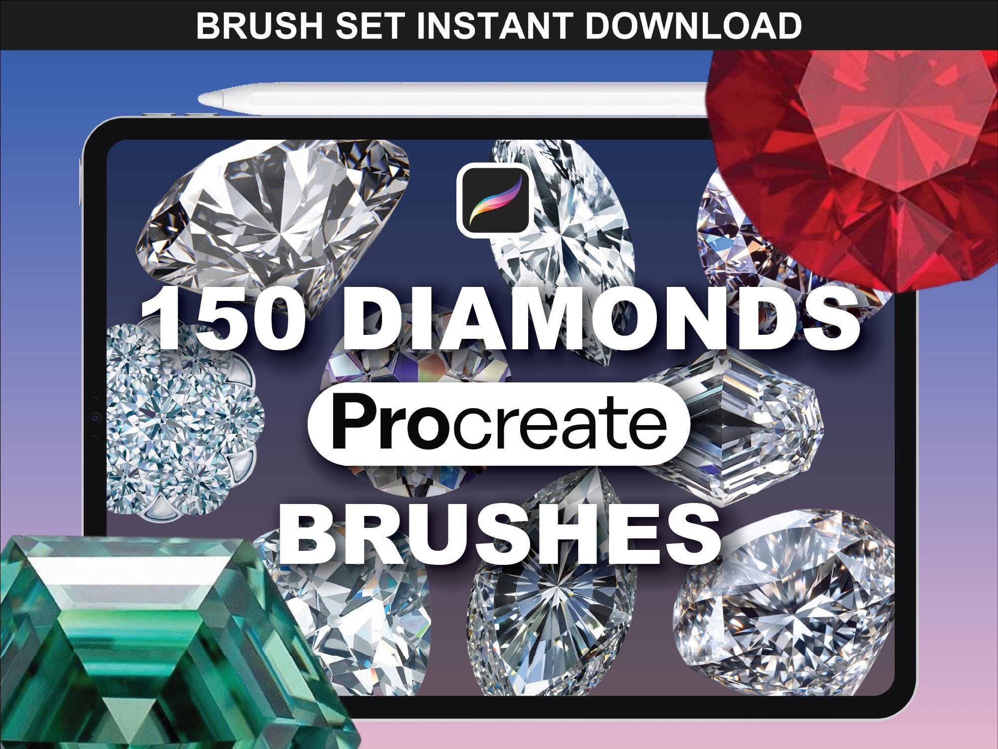 150 Procreate Diamond Brushes & Gemstone Stamps for Jewelry, Fashion, Sparkle Effects