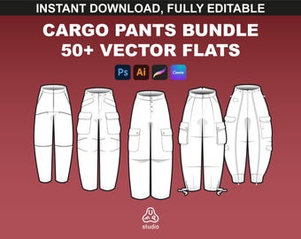 Cargo Pants Mockups Bundle - Streetwear Mockups & Tech Pack Template for Fashion Design - Illustrator and Procreate Mockups