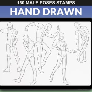 Procreate brush set on iPad with 150 male poses. Dynamic mannequin figures in various action poses, useful for fashion drawing and design.