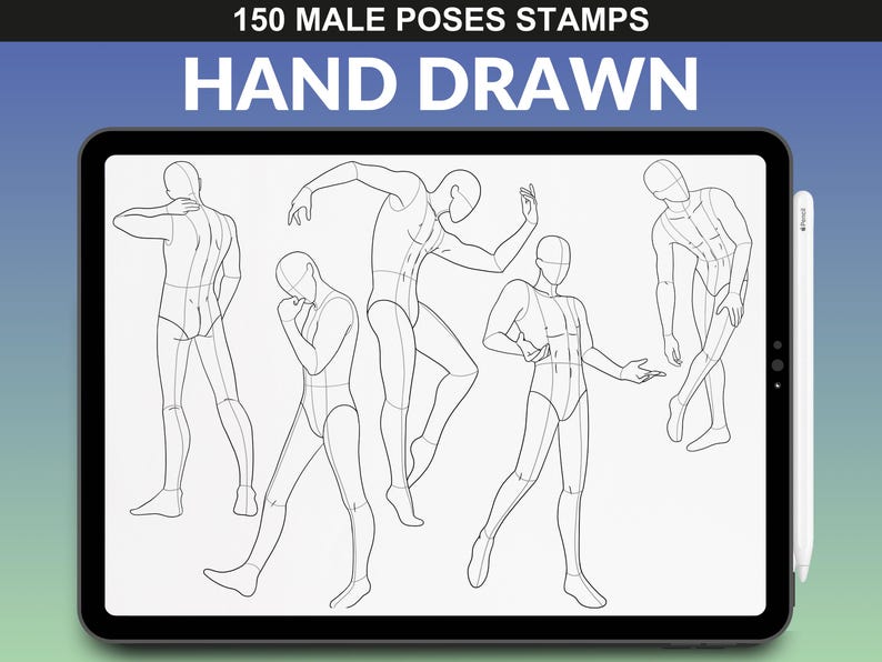 Procreate brush set on iPad with 150 male poses. Dynamic mannequin figures in various action poses, useful for fashion drawing and design.