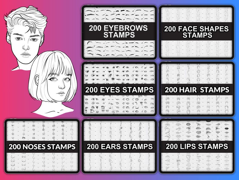 Explore FUPstudio’s portrait bundle featuring 1400+ Procreate brushes. Includes 200 eyes, eyebrows, noses, face shapes, hair, ears, and lips brushes, perfect for digital artists and illustrators seeking variety and versatility.