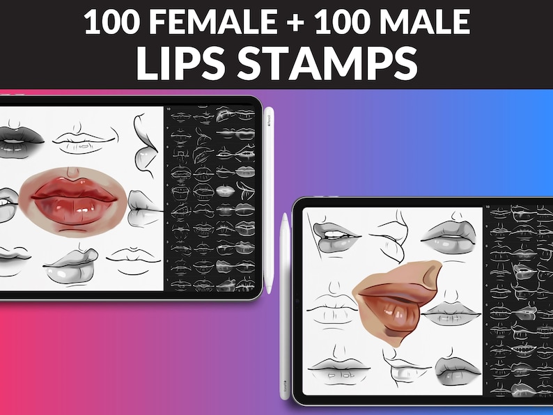 200 Lips Brushes by FUPstudio for Procreate: male and female lips for portraits, manga, and digital illustrations. Perfect for character design and Procreate art. Instant download!