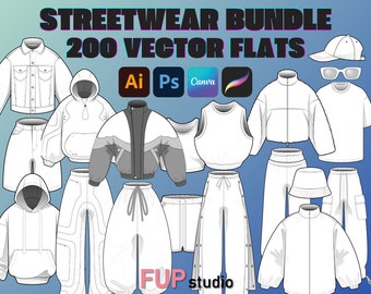 Streetwear Mockups & Fashion Vector Bundle Pack - Fashion Design Tech Pack Template - Procreate PNG Mockup and Fashion Vector Flats