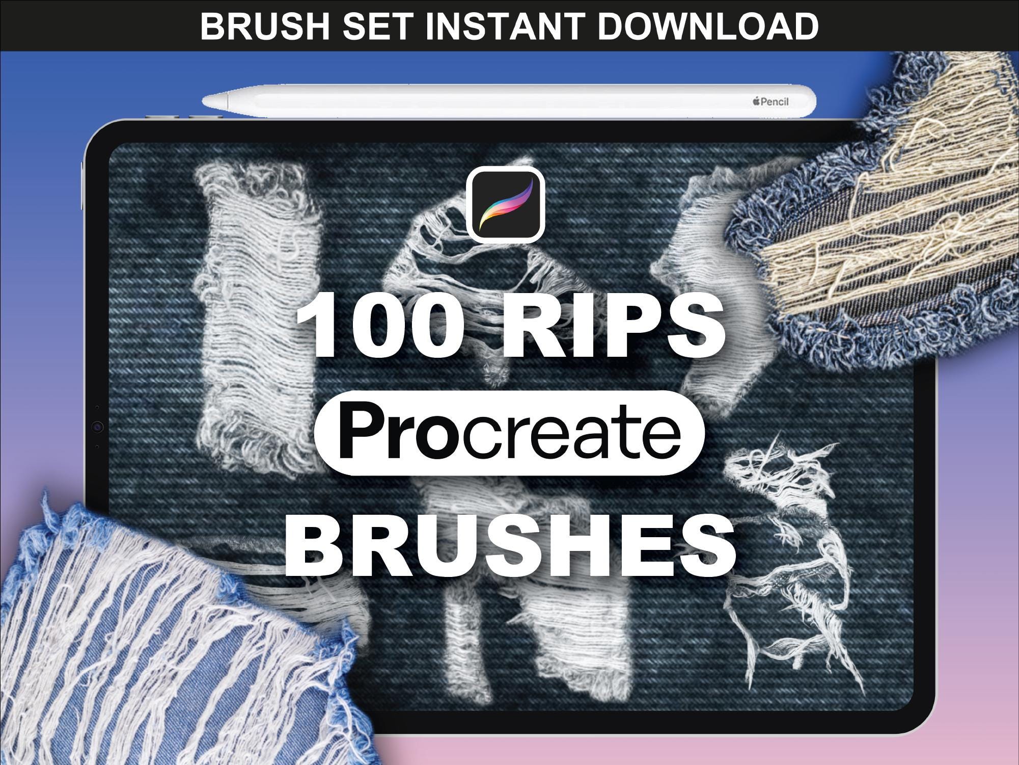 100 Procreate Fabric Rips Brushes – Realistic Denim Tear & Distressed Textile Stamps for Fashion Design