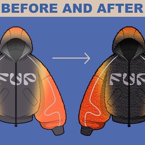 Before and after hoodie illustration created with Procreate texture brushes, showing realistic fabric, knit and shading effects for fashion design sketches.