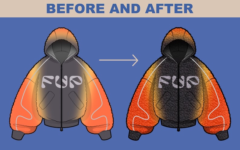 Before and after hoodie illustration created with Procreate texture brushes, showing realistic fabric, knit and shading effects for fashion design sketches.