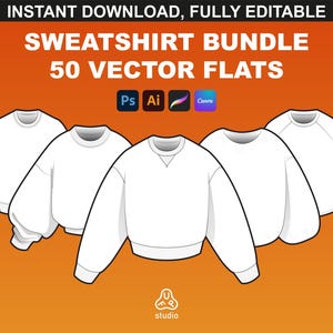 May include: A set of five white sweatshirt mockups, ideal for displaying designs. The sweatshirts come in a variety of styles, including crew neck, v-neck, and hoodie. The mockups are editable in Photoshop, Illustrator, and Canva.