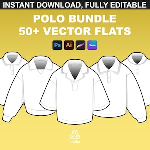 Może przedstawiać: Pięć białych koszulek polo z kołnierzykiem zapinanym na guziki i krótkimi rękawami. Koszulki są ułożone w rzędzie, z kołnierzykami skierowanymi w stronę widza. Koszulki mają ten sam wzór, ale są w nieco różnych rozmiarach. Koszulki znajdują się na żółtym tle. Tekst "POLO BUNDLE 50+ VECTOR FLATS" znajduje się nad koszulkami. Tekst "Ps Ai Canva" znajduje się pod koszulkami.